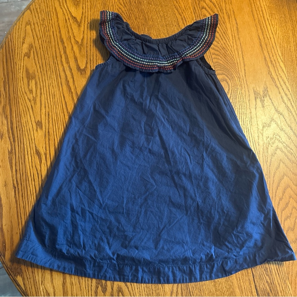 Hanna Andersson Navy Blue Ruffle Neck Casual Dress 6-7 Rainbow Stitch